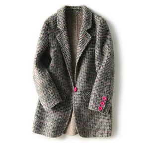 Vintage-Inspired Tweed Wool Blend Blazer – Chic Grey Check, Magenta Buttons